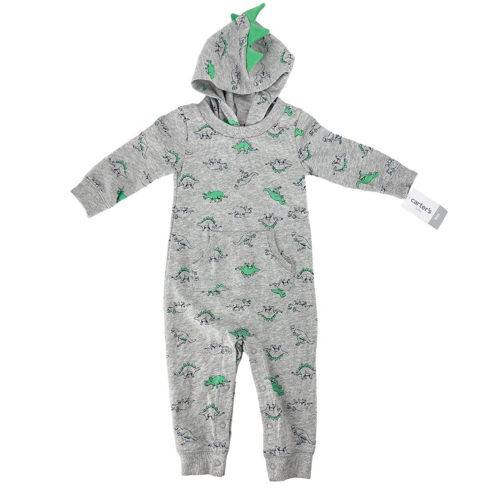 CARTER'S Grey Green Dinosaur Hood Crewneck Kangaroo Pocket Snap Button One Piece